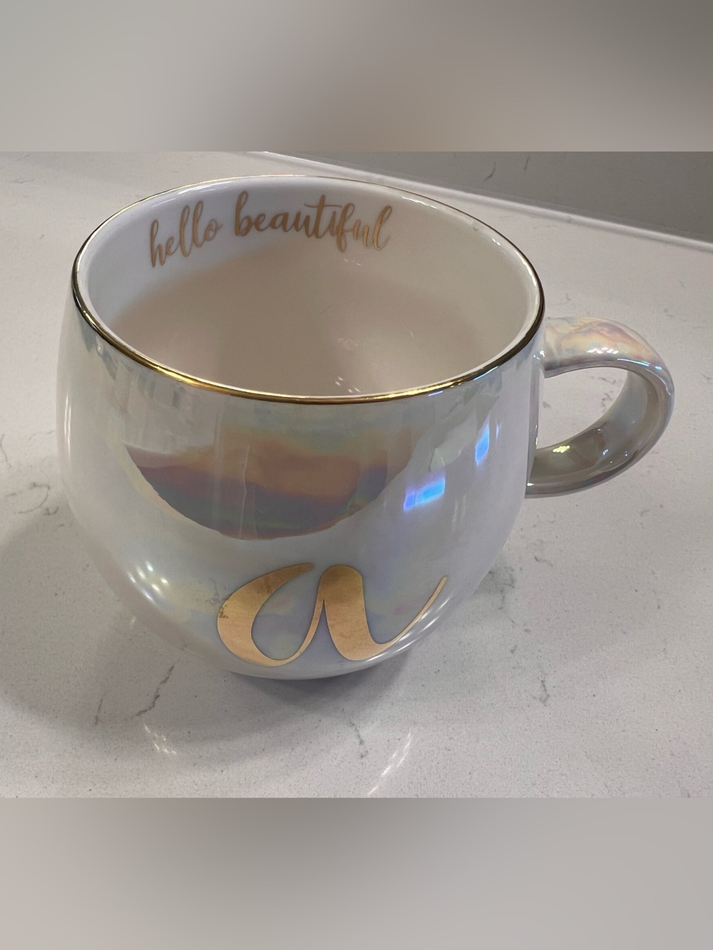 Iridescent Initial “A” Coffee Mug - Gold “Hello Beautiful” Pearlescent Cup